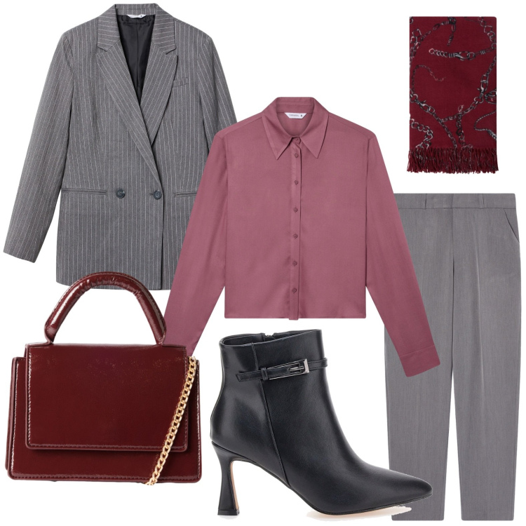 Outfit donna - Incontrastata eleganza. Stile Chic per Ufficio. Abbinamento con camicie, pantaloni chino, blazer, borse a tracolla, stivaletti, sciarpe.