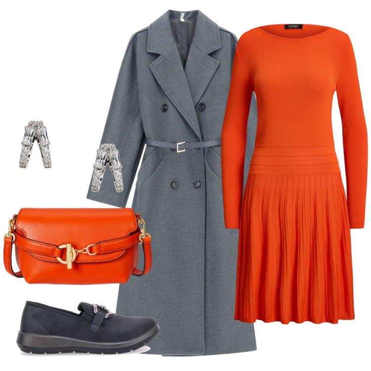 Outfit donna - Total look #2284714. Stile Casual chic per Tutti i giorni. Abbinamento con cappotti, vestiti, orecchini, borse a tracolla, pantofole.