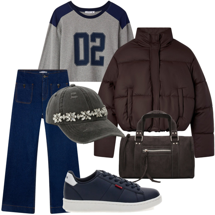 Outfit donna - La felpa numerata. Stile Basic per Tutti i giorni. Abbinamento con t-shirt, jeans, bomber, borse a mano, cappelli, sneakers.