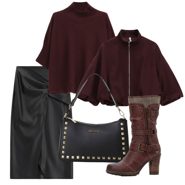Outfit donna - Miss bordeaux. Stile Chic per Tutti i giorni. Abbinamento con stivali, bomber, pochette, maglieria, gonne longuette.