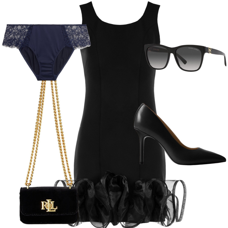 Outfit donna - Un abitino wow. Stile Glamour per Serata fuori. Abbinamento con vestiti a tubino, décolleté, occhiali da sole, pochette, culotte.