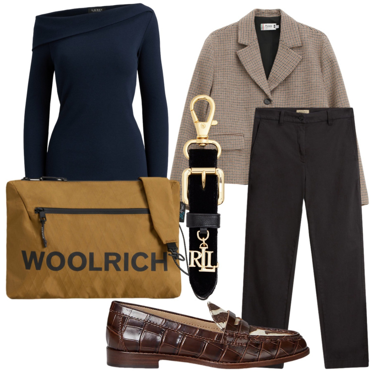 Outfit donna - Come lui ma la blusa è wow. Stile Mannish per Ufficio. Abbinamento con blazer, mocassini, portachiavi, top, borse a tracolla, pantaloni.