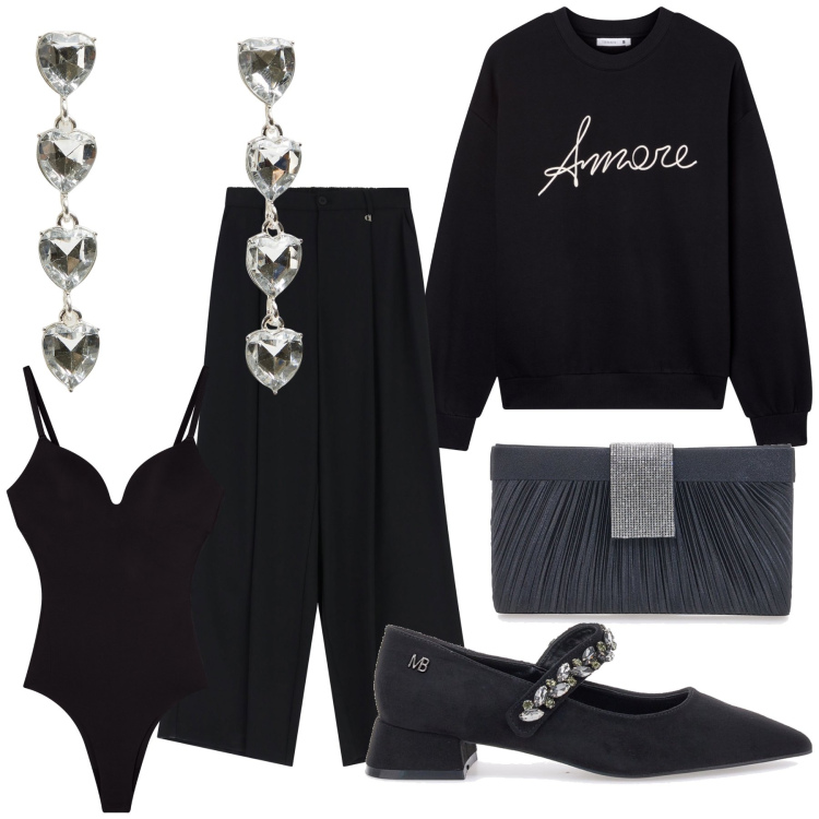 Outfit donna - Un amore di serata. Stile Bon Ton per Serata fuori. Abbinamento con orecchini, body, felpe, pantaloni a palazzo, pochette, décolleté.