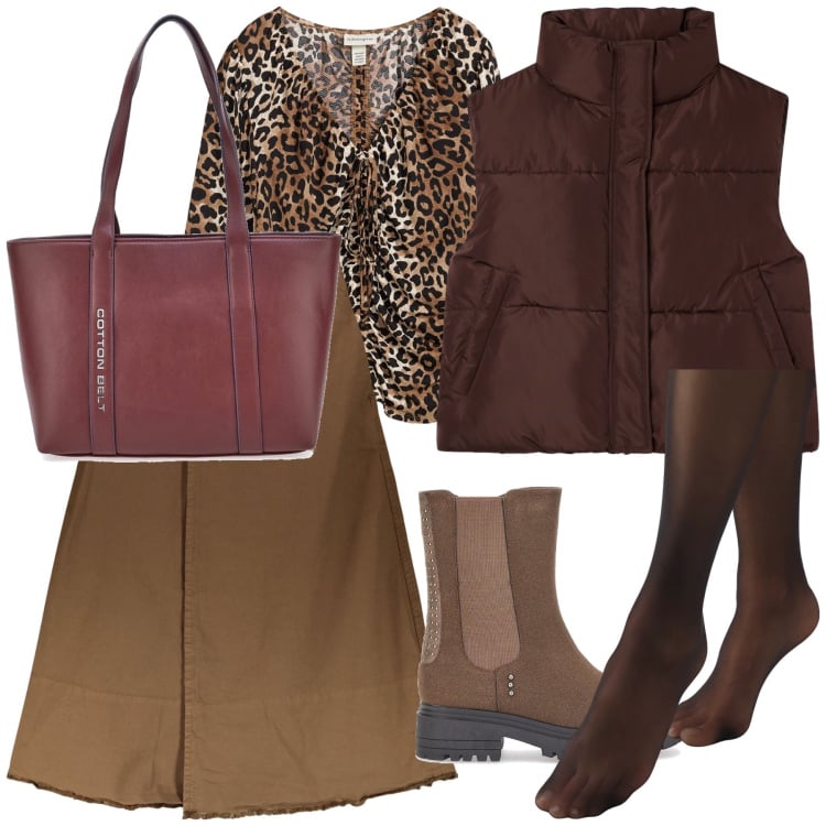 Outfit donna - Total look. Stile Urban per Tutti i giorni. Abbinamento con maglieria, piumini, collant, gonne lunghe, stivaletti chelsea, shopping bag.