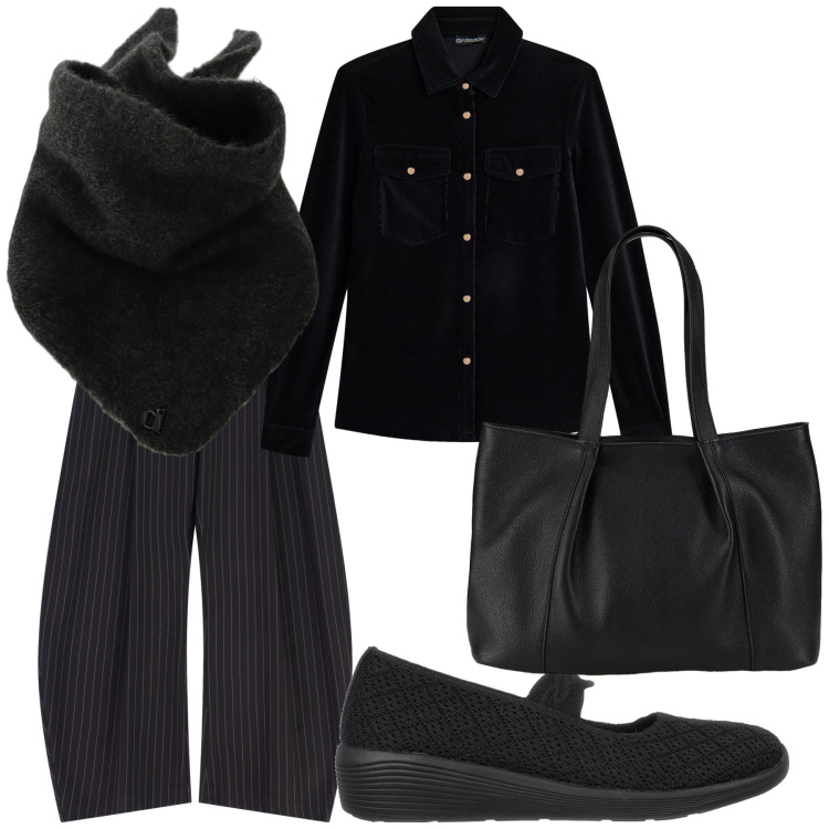 Outfit donna - Che pantaloni. Stile Basic per Tutti i giorni. Abbinamento con shopping bag, pantaloni a palazzo, camicie, foulard, ballerine.