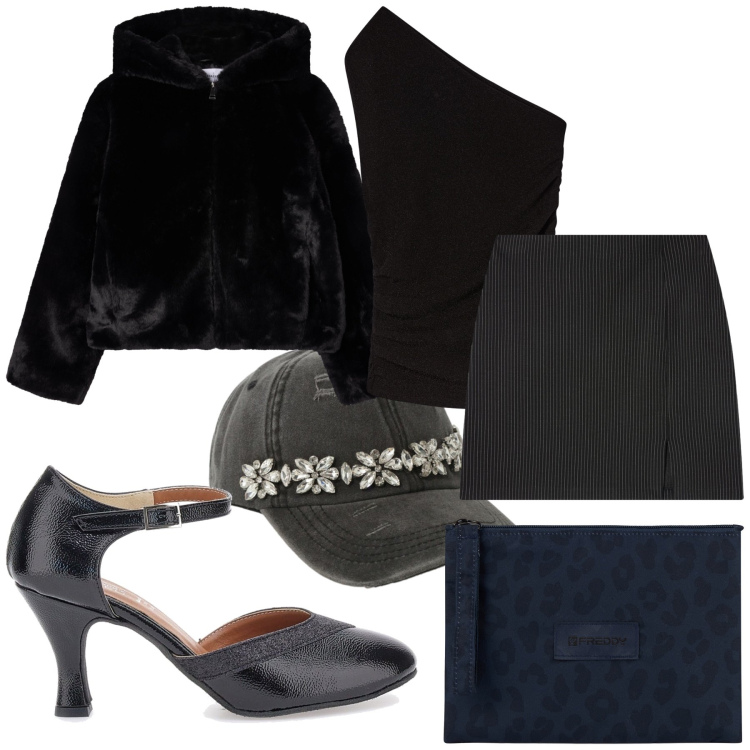Outfit donna - Il berretto per l aperitivo. Stile Trendy per Serata fuori. Abbinamento con minigonne, top, ecopellicce, clutch, cappelli, décolleté.