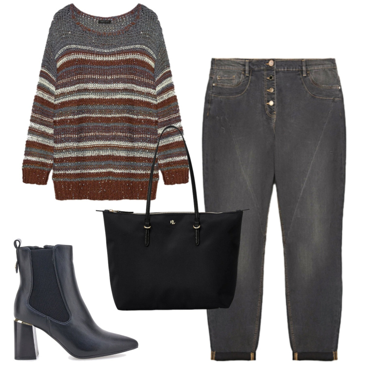 Outfit donna - Novembre. Stile Casual chic per Tutti i giorni. Abbinamento con borse tote, jeans, maglieria, stivaletti.
