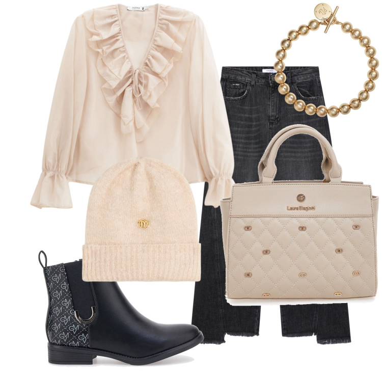 Outfit donna - La camicia romantica. Stile Glamour per Ufficio. Abbinamento con camicie, jeans, berretti, braccialetti, stivaletti, borse a mano.