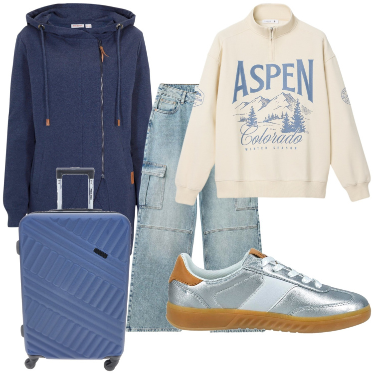 Outfit donna - Sportiva in partenza. Stile Casual chic per Tutti i giorni. Abbinamento con blazer, jeans, felpe, sneakers, valigie.