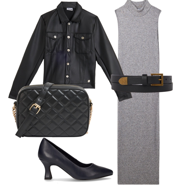 Outfit donna - Risparmiosa ad una pizza ma chic. Stile Urban per Serata fuori. Abbinamento con borse a tracolla, vestiti senza maniche, giacche, cinture, décolleté.