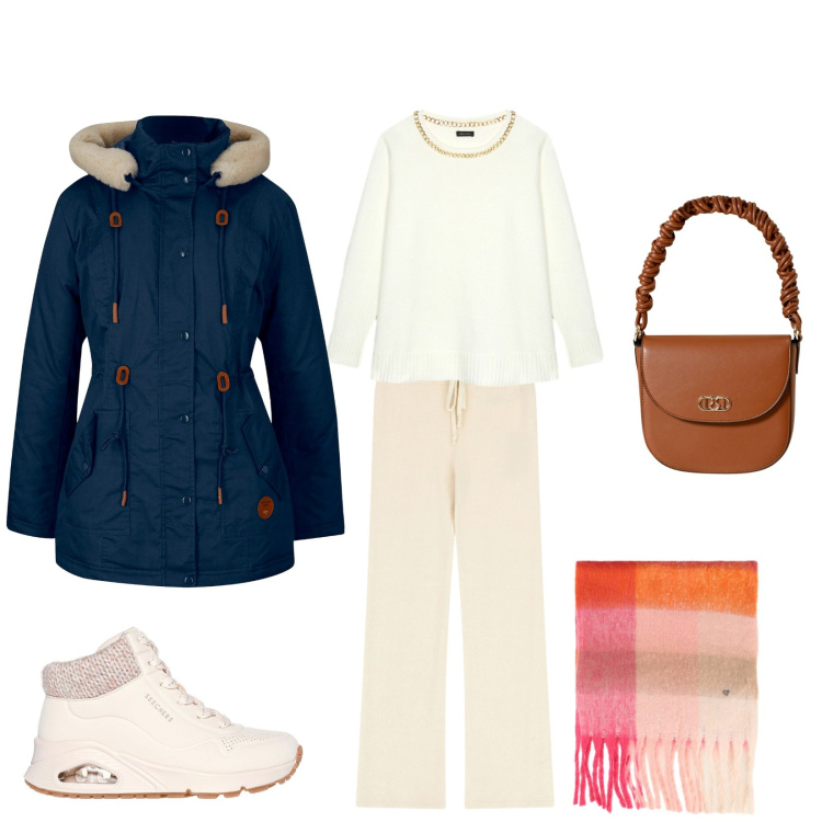 Outfit donna - Weekend. Stile Casual per Tutti i giorni. Abbinamento con parka, borse a mano, pantaloni a palazzo, sciarpe, sneakers, maglieria.