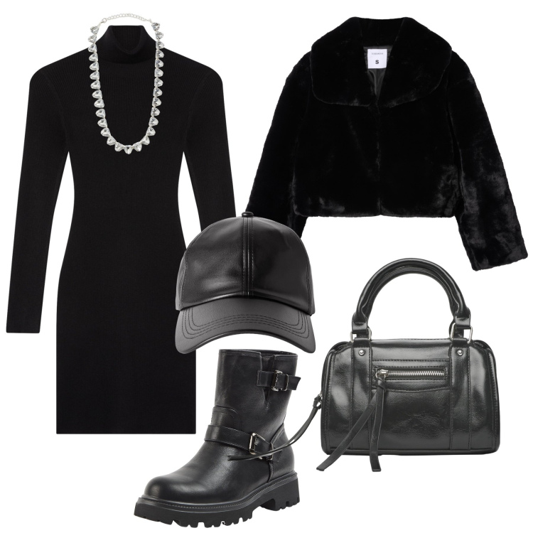 Outfit donna - Serata black Terranova. Stile Trendy per Serata fuori. Abbinamento con vestiti corti, cappelli con visiera, stivaletti, ecopellicce, borse a mano, collane.