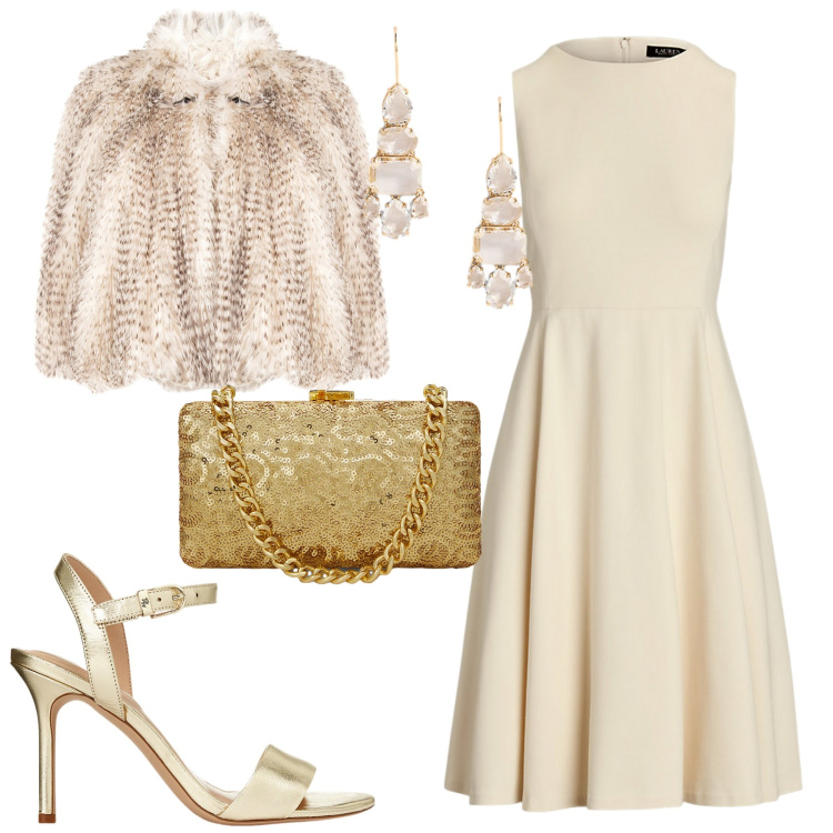 Outfit donna - Natale. Stile Chic per Cerimonia. Abbinamento con ecopellicce, vestiti senza maniche, sandali in pelle, orecchini, clutch.