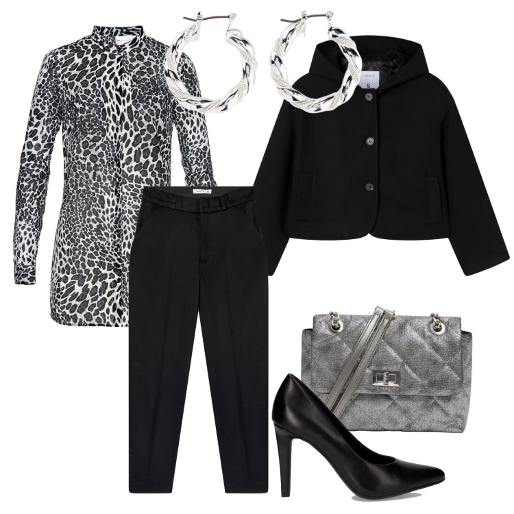 Outfit donna - Animalier casual chic. Stile Casual chic per Tutti i giorni. Abbinamento con camicie, orecchini, pantaloni chino, caban, borse a tracolla, décolleté.