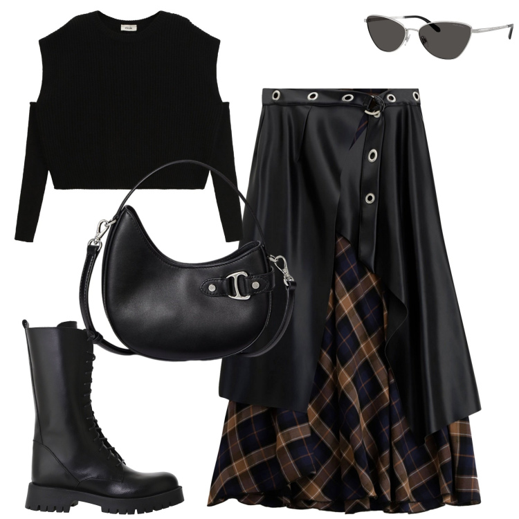 Outfit donna - Dixie. Stile Trendy per Tutti i giorni. Abbinamento con gonne lunghe, stivali, maglieria, borse a tracolla, occhiali da sole.