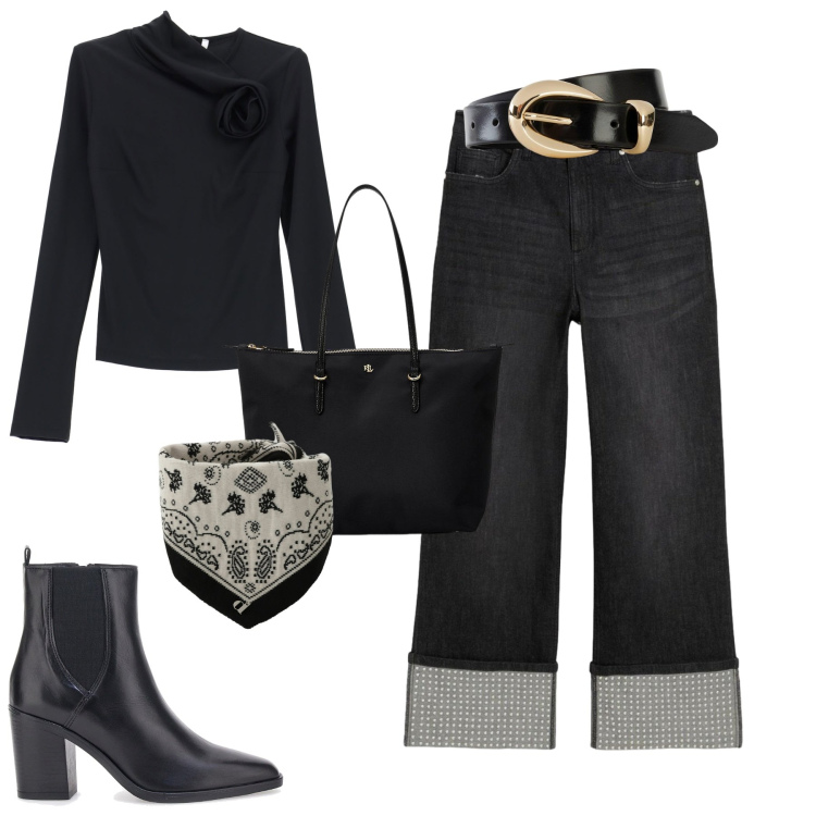 Outfit donna - Black. Stile Casual chic per Tutti i giorni. Abbinamento con jeans dritti, cinture, t-shirt, foulard, borse tote, stivaletti.