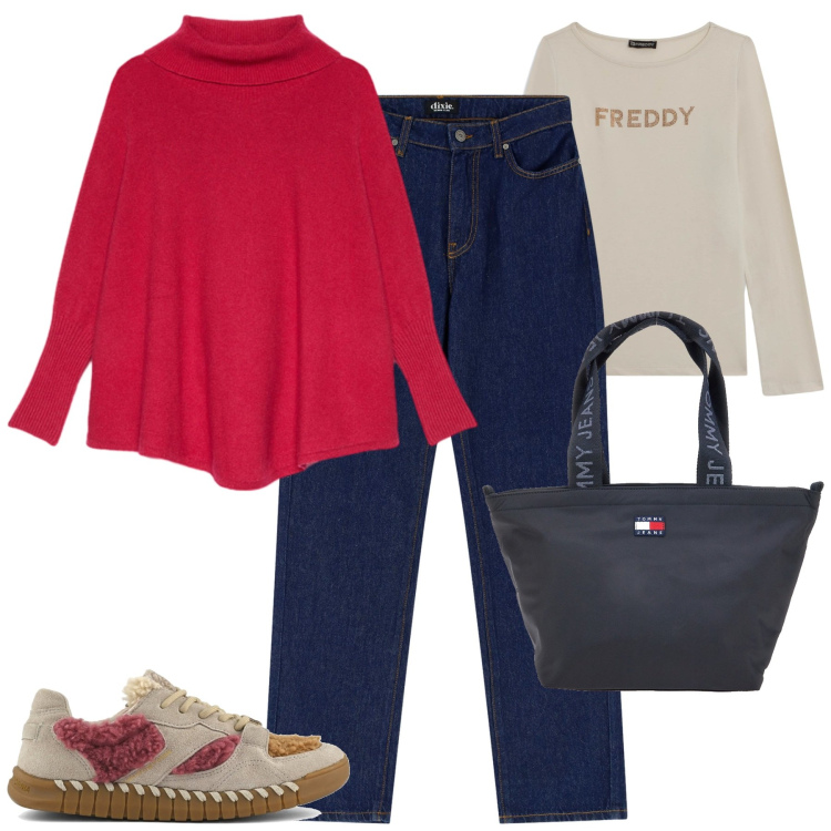 Outfit donna - Novembre. Stile Casual chic per Tutti i giorni. Abbinamento con t-shirt, jeans dritti, sneakers, cappotti, borse tote.