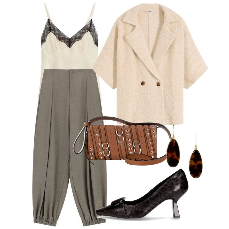 Outfit donna - Il pizzo e i balloons. Stile Chic per Serata fuori. Abbinamento con cardigans, borse a spalla, pantaloni a palazzo, top, orecchini, décolleté.