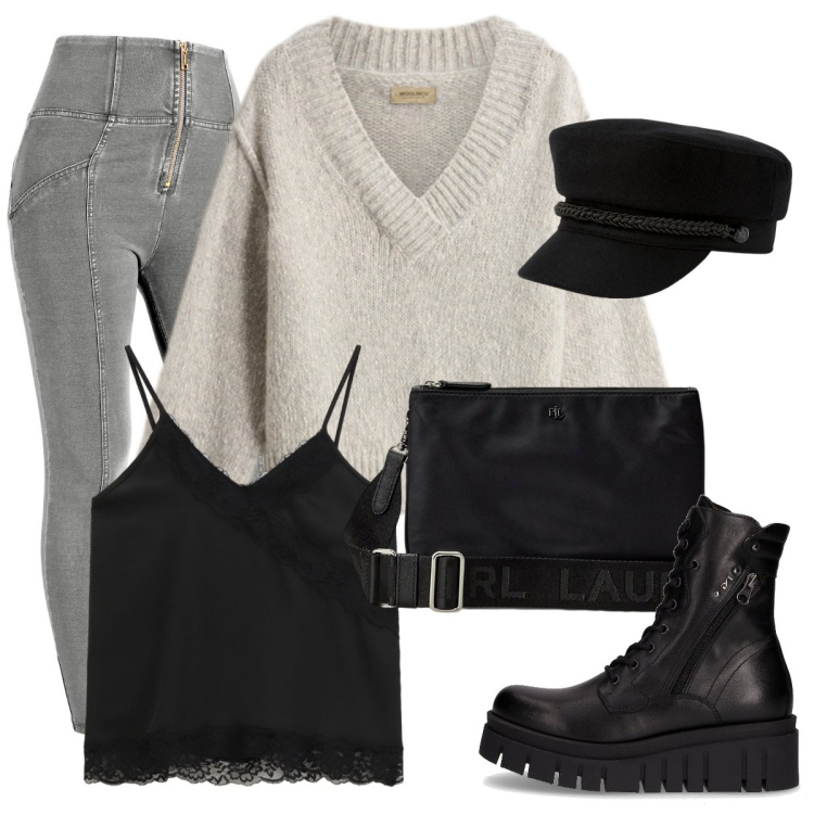 Outfit donna - Jeans grigio. Stile Rock per Tutti i giorni. Abbinamento con jeggings, top, borse a tracolla, cappelli, maglieria, anfibi.