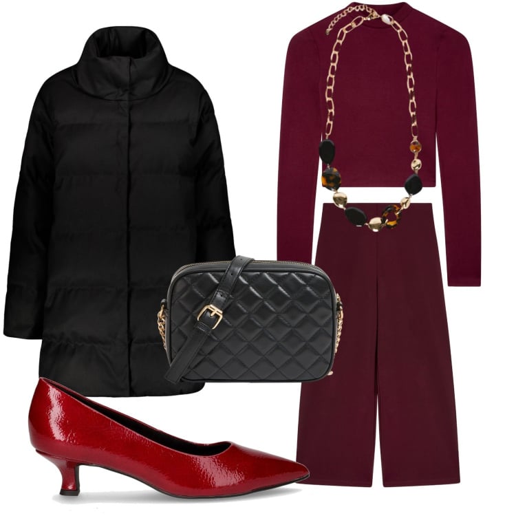 Outfit donna - Il raffinato burgundy. Stile Chic per Serata fuori. Abbinamento con t-shirt, borse a tracolla, pantaloni culotte, piumini, collane, décolleté.