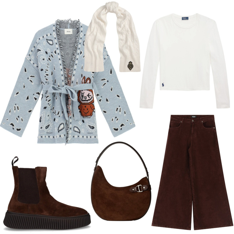 Outfit donna - Total look #2284802. Stile Casual chic per Tutti i giorni. Abbinamento con cardigans, pantaloni a palazzo, t-shirt, borse a spalla, sciarpe, stivaletti chelsea.