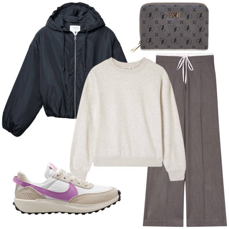 Outfit donna - Giornata tranquilla. Stile Basic per Tutti i giorni. Abbinamento con pantaloni, felpe, bomber, sneakers, portafogli.