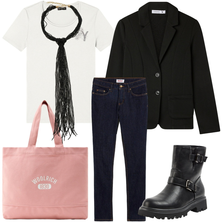 Outfit donna - Dettagli sofisticati. Stile Casual per Tutti i giorni. Abbinamento con jeans skinny, stivaletti, blazer, collane, t-shirt, borse tote.