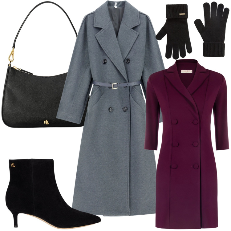 Outfit donna - Eleganza sobria. Stile Chic per Serata fuori. Abbinamento con vestiti chemisier, cappotti, borse a spalla, stivaletti, guanti.