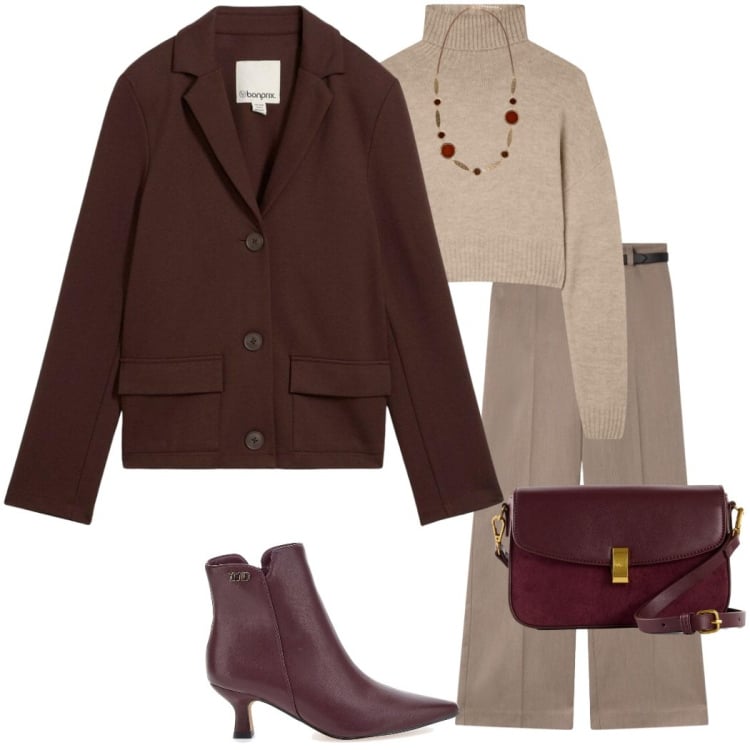 Outfit donna - Novembre con gli stivaletti. Stile Urban per Tutti i giorni. Abbinamento con blazer, borse a mano, maglieria, pantaloni, collane, stivaletti.
