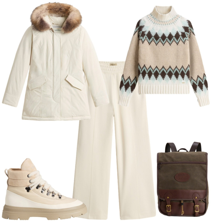 Outfit donna - In montagna con Worlich. Stile Sporty chic per Tutti i giorni. Abbinamento con pantaloni, zaini, maglieria, parka, anfibi.