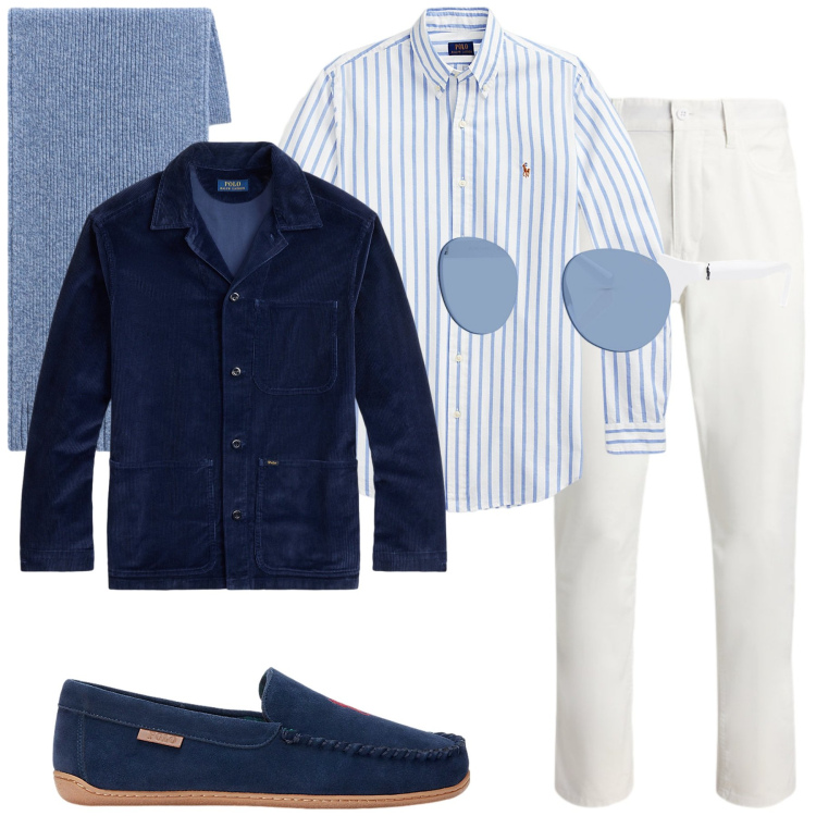 Outfit uomo - Casual in una giornata di sole. Stile Casual per Mare. Abbinamento con camicie, pantofole, pantaloni, occhiali da sole, giacche, sciarpe.