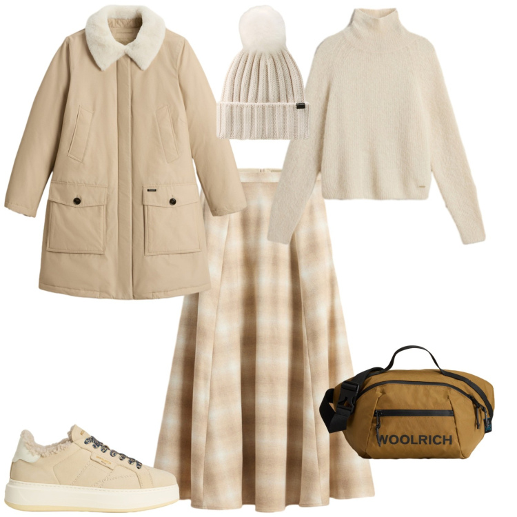 Outfit donna - Casual chic per tutti I giorni. Stile Casual chic per Tutti i giorni. Abbinamento con borse a tracolla, maglieria, sneakers, gonne lunghe, berretti, parka.