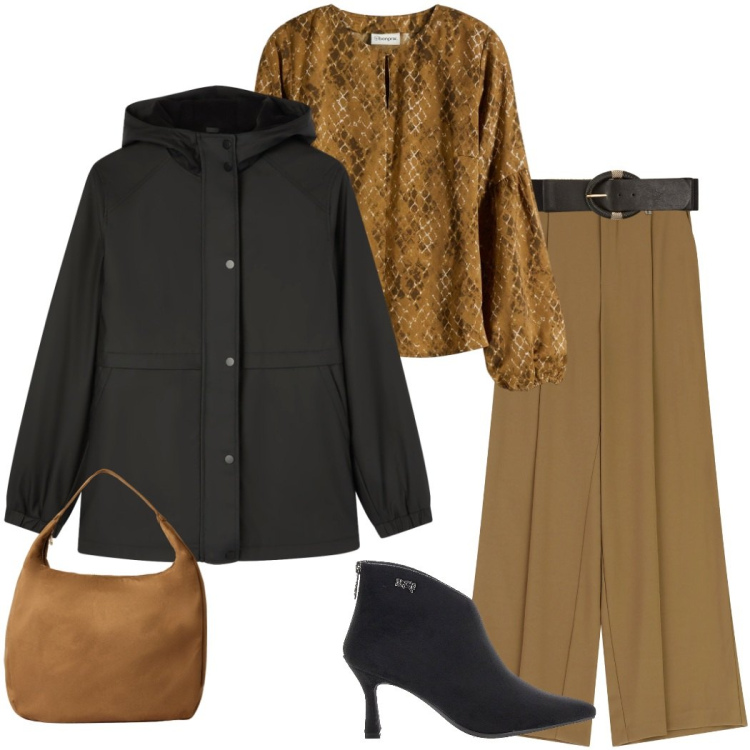 Outfit donna - Pantaloni gamba larga. Stile Urban per Tutti i giorni. Abbinamento con bluse, borse a mano, blazer, cinture, pantaloni a palazzo, stivaletti.