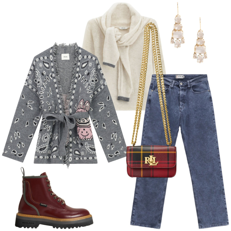 Outfit donna - Sporty chic nel week and. Stile Sporty chic per Tutti i giorni. Abbinamento con jeans dritti, cardigans, maglieria, orecchini, pochette, anfibi.