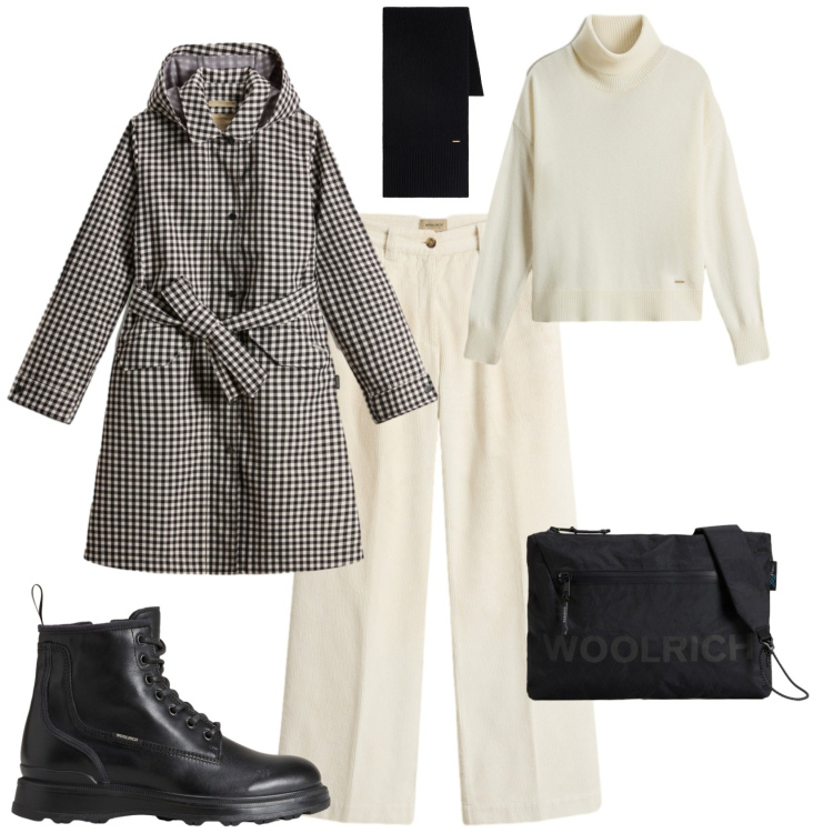 Outfit donna - Bianco e nero con Worlich. Stile Trendy per Tutti i giorni. Abbinamento con trench, pantaloni, anfibi, borse a tracolla, sciarpe, maglieria.
