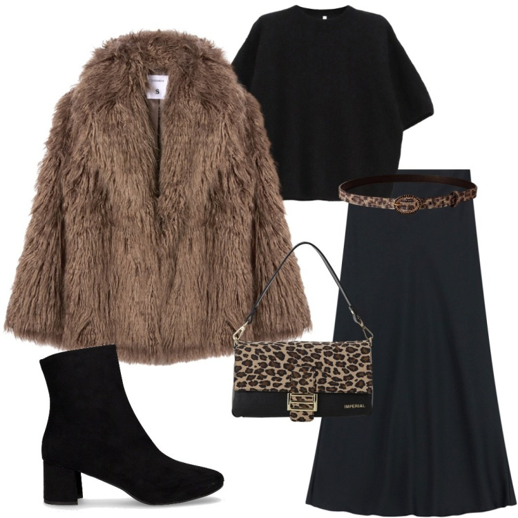 Outfit donna - Animalier. Stile Casual chic per Serata fuori. Abbinamento con ecopellicce, cinture, borse a spalla, maglieria, gonne lunghe, stivaletti.