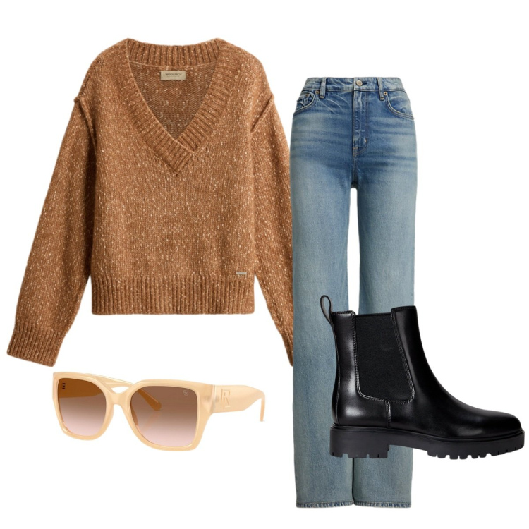 Outfit donna - Un pomeriggio in centro. Stile Casual per Tutti i giorni. Abbinamento con occhiali da sole, stivaletti chelsea, jeans, maglieria.