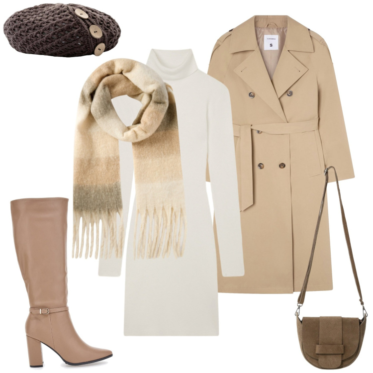 Outfit donna - Pronti per lo shopping. Stile Casual chic per Tutti i giorni. Abbinamento con berretti, vestiti corti, trench, sciarpe, borse a tracolla, stivali.