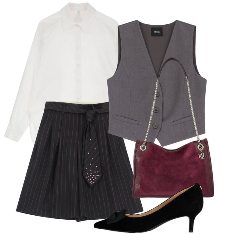 Outfit donna - Gessato. Stile Romantica per Ufficio. Abbinamento con camicie, shorts, gilet, décolleté, borse tote.