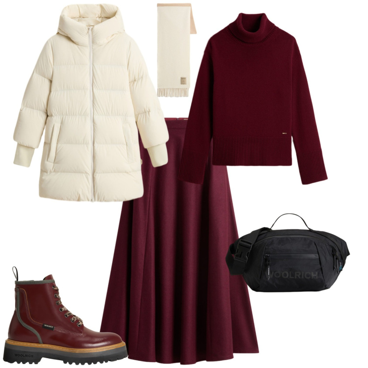Outfit donna - Bianco e bordeaux con Worlich. Stile Trendy per Tutti i giorni. Abbinamento con borse a tracolla, sciarpe, maglieria, piumini, anfibi, gonne lunghe.