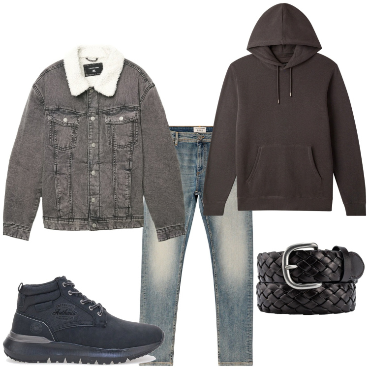 Outfit uomo - Total look #2284837. Stile Urban per Tutti i giorni. Abbinamento con jeans skinny, cappotti, felpe con cappuccio, sneakers alte, cinture.