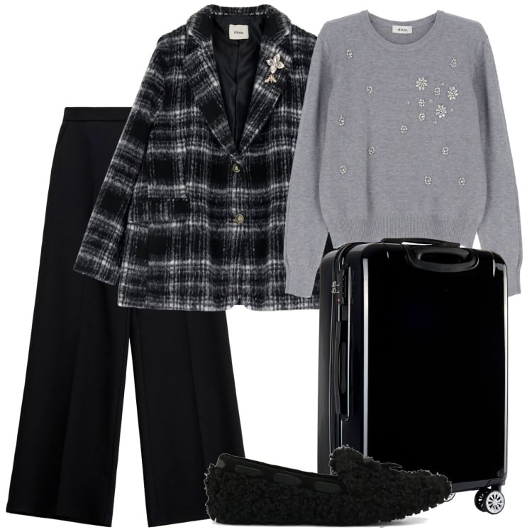 Outfit donna - Viaggio comoda. Stile Sporty chic per Tutti i giorni. Abbinamento con valigie, pantaloni, maglieria, blazer, mocassini.