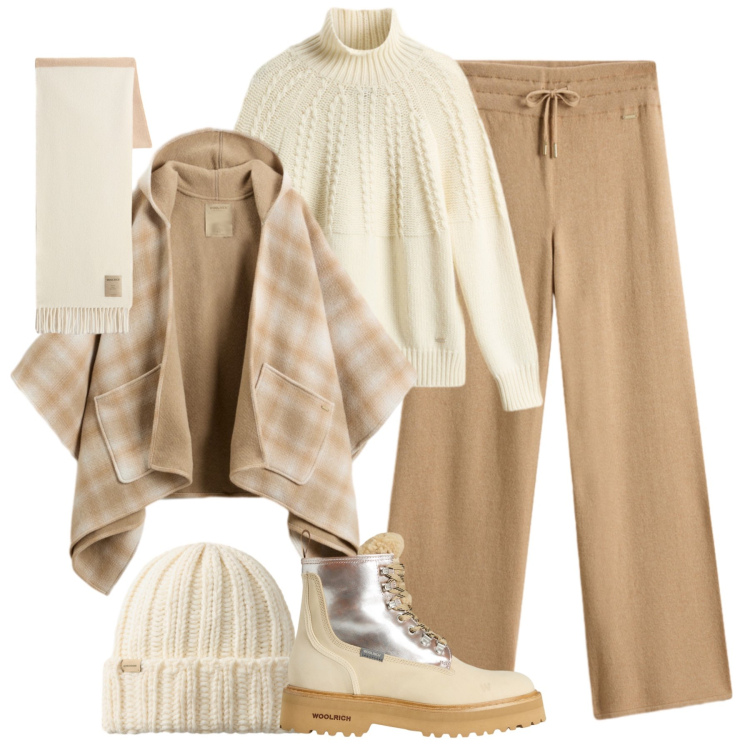 Outfit donna - Woolrich sporty chic. Stile Sporty chic per Tutti i giorni. Abbinamento con anfibi, maglieria, pantaloni, sciarpe, berretti, cappe.