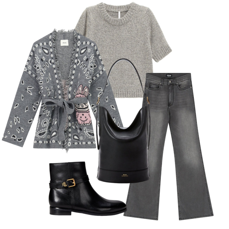 Outfit donna - Total look #2284841. Stile Casual per Tutti i giorni. Abbinamento con maglieria, cardigans, jeans a zampa, borse a secchiello, stivaletti.