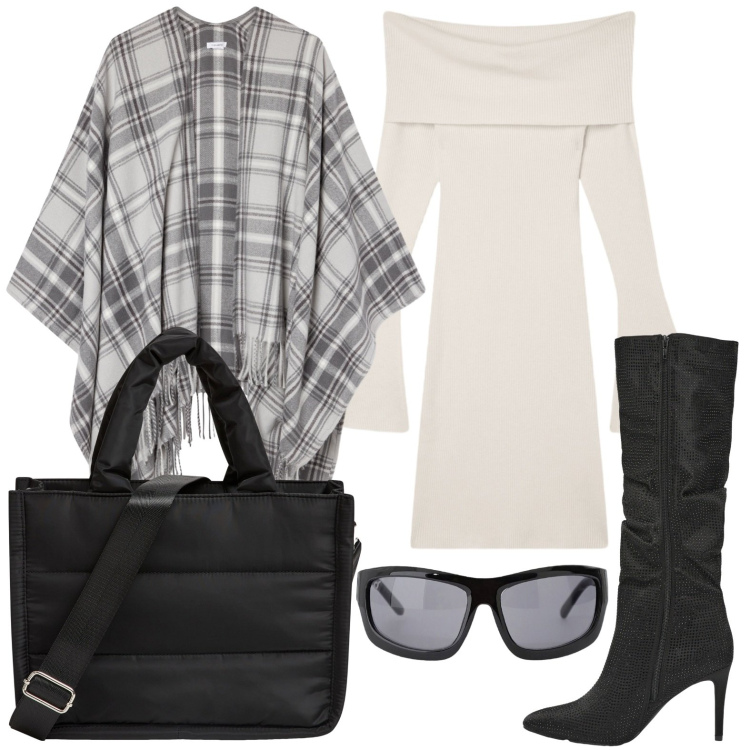 Outfit donna - La mantella originale. Stile Minimal per Ufficio. Abbinamento con vestiti corti, stivali, shopping bag, cappotti, occhiali da sole.