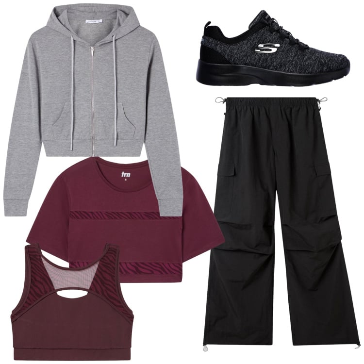 Outfit donna - Total look #2284846. Stile Urban per Sport. Abbinamento con t-shirt sportive, pantaloni cargo, felpe con cappuccio, top sportivi, sneakers.