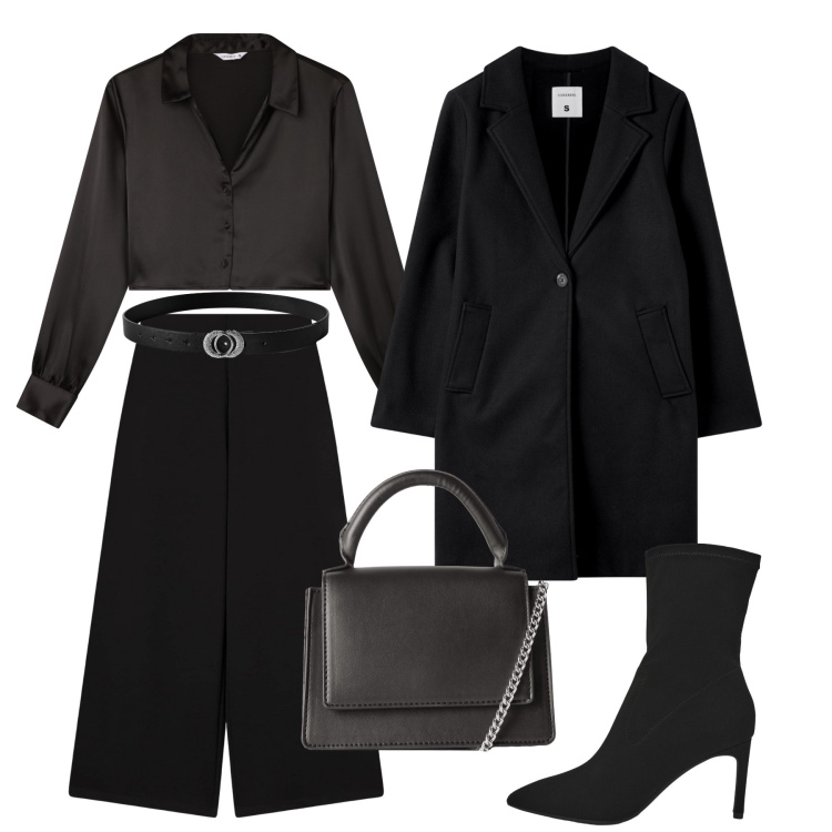 Outfit donna - Ufficio black Terranova. Stile Glamour per Ufficio. Abbinamento con stivali, pantaloni culotte, cappotti, borse a tracolla, camicie, cinture.
