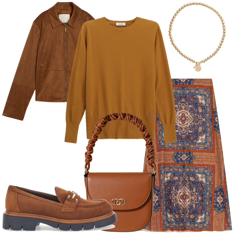 Outfit donna - La fantasia marrone. Stile Trendy per Tutti i giorni. Abbinamento con blazer, borse a mano, gonne lunghe, maglieria, collane, mocassini.