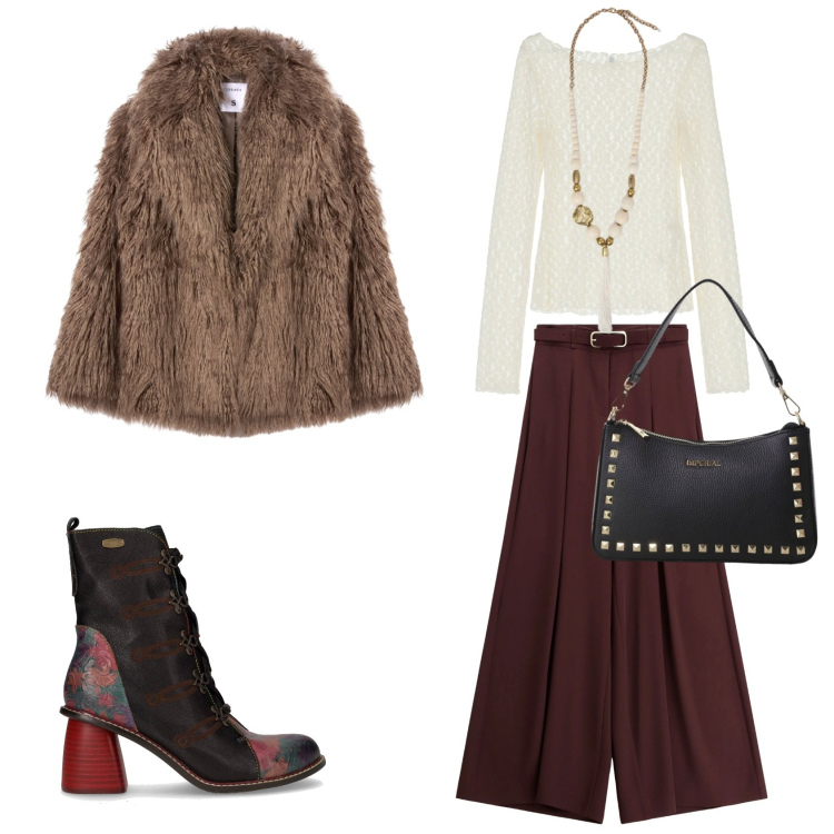 Outfit donna - Aperitivo autunnale. Stile Casual chic per Tutti i giorni. Abbinamento con ecopellicce, bluse, pantaloni, pochette, ciondoli, stivaletti.