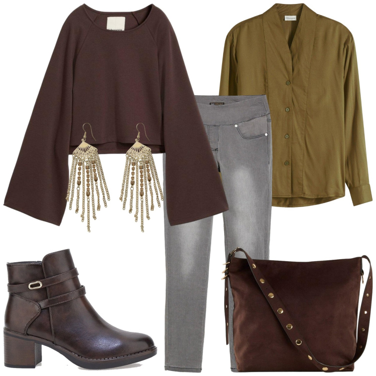 Outfit donna - Total look #2284851. Stile Urban per Tutti i giorni. Abbinamento con shopping bag, cappe, jeans dritti, camicie, orecchini, stivaletti.